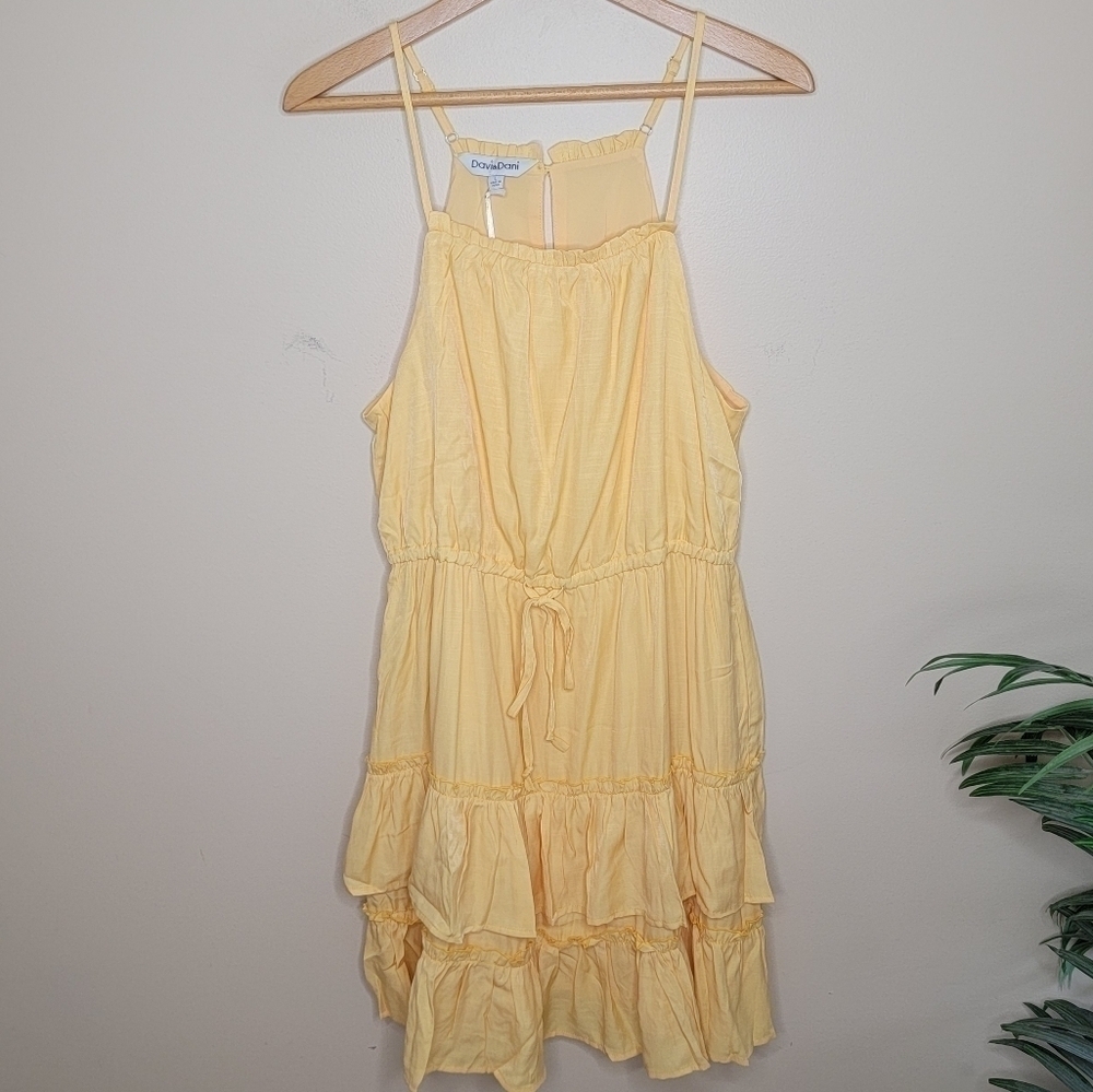 NWT Davi & Dani Banana Yellow Ruffled Drawstring Sun Dress Size Large Vacation